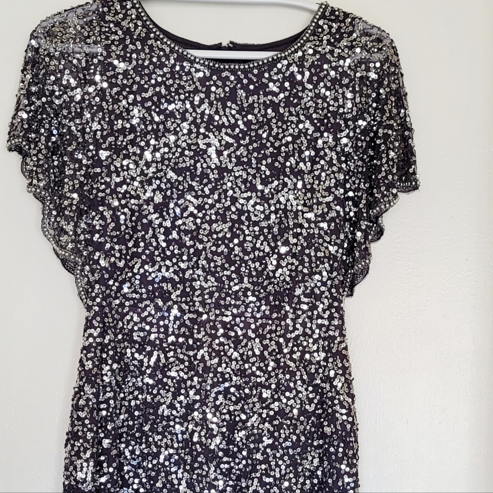Adrianna Peppel Sequin Embellished Dress Womens 4 Gray Silver Flutter Sleeve